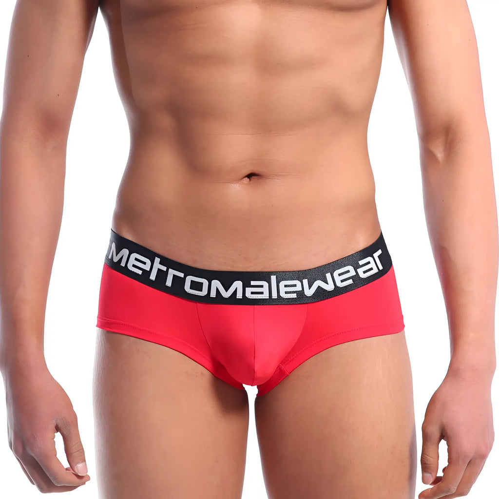 Red mens mini cheek boxer briefs with black metromalewear logo waistband valentine red 2025-12