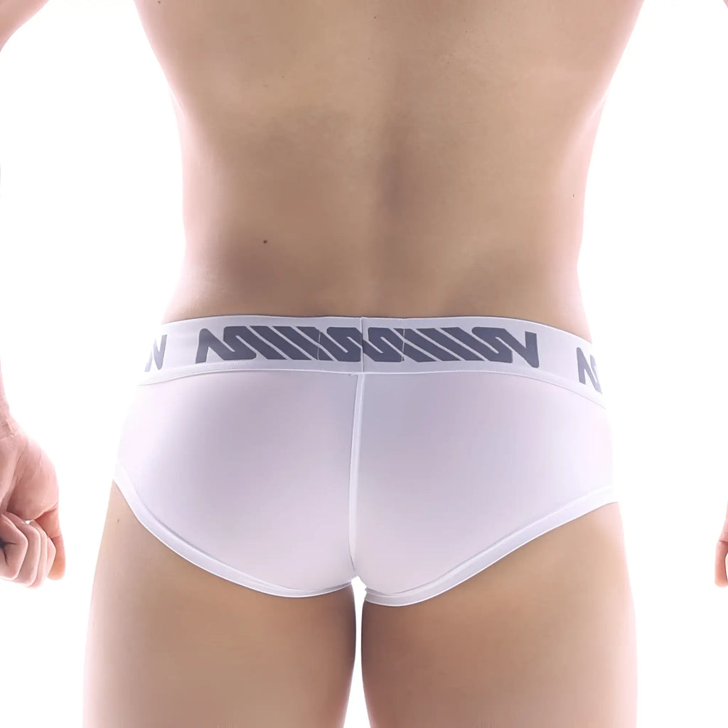 White briefs with gray logo waistband from metromalewear mini cheek boxer 2025-00 for comfortable daily wear