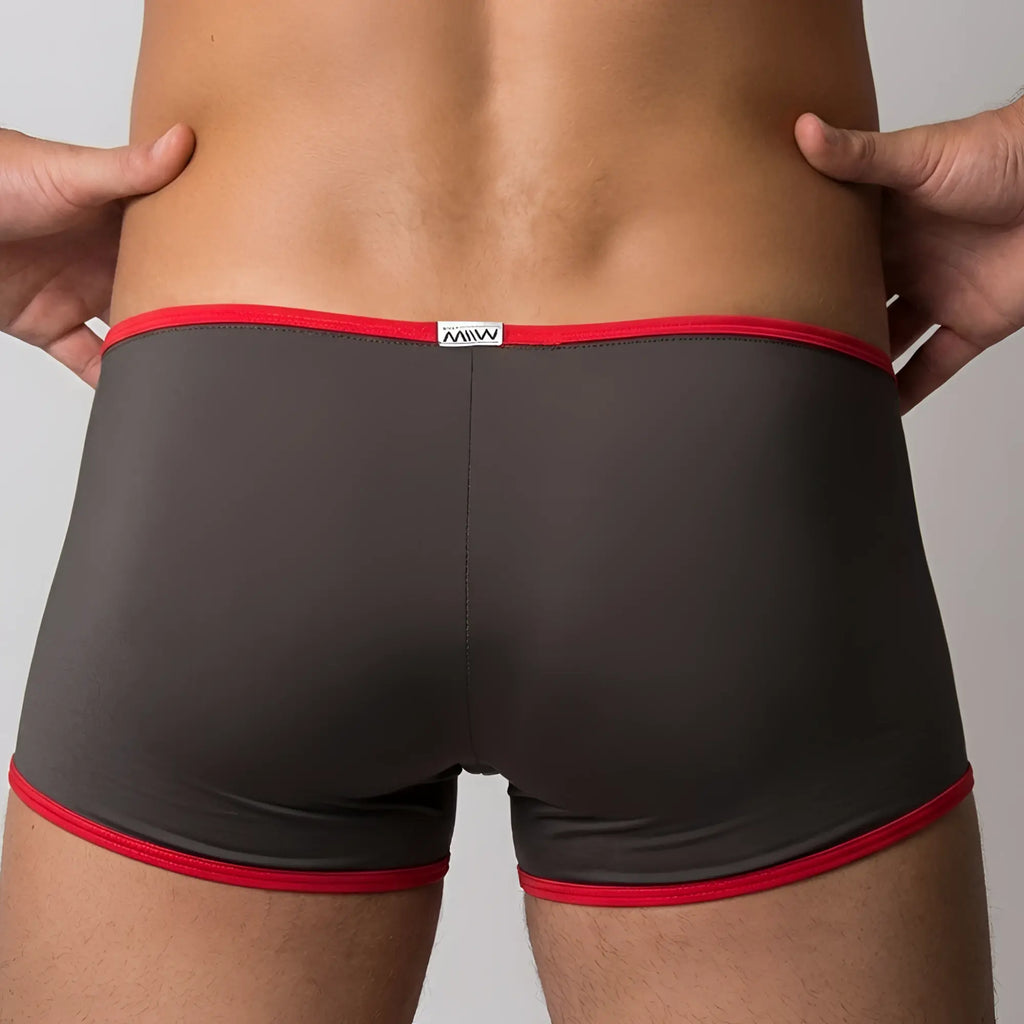 Dark gray briefs with bold red trim and a small white mww label metroMaleWear minimo boxer khaki 2013-26