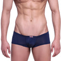 Navy sheer mesh briefs with a red and white brand tag at the waistband from MetroMaleWear Minimo Boxer 2013-28