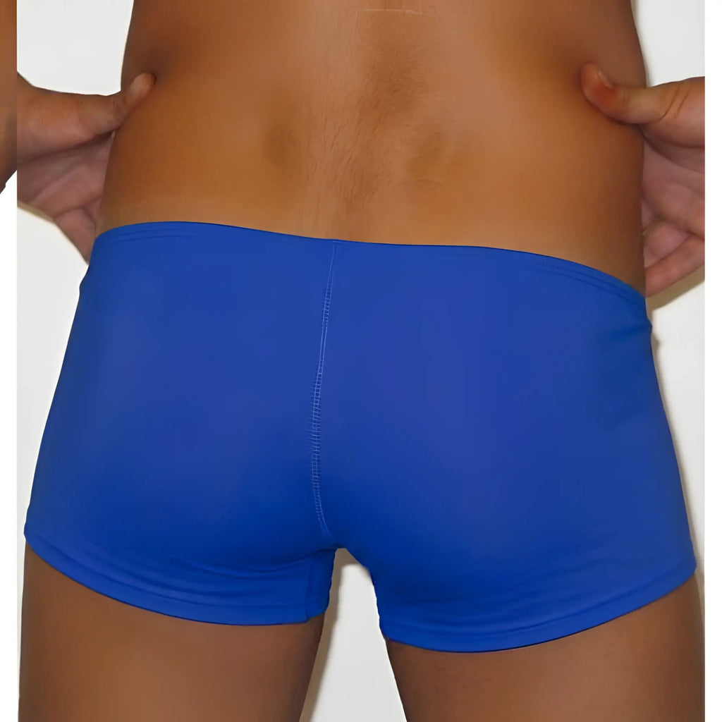 Back view of metromalewear minimo boxer royal blue briefs with smooth stretchy fabric and central seam