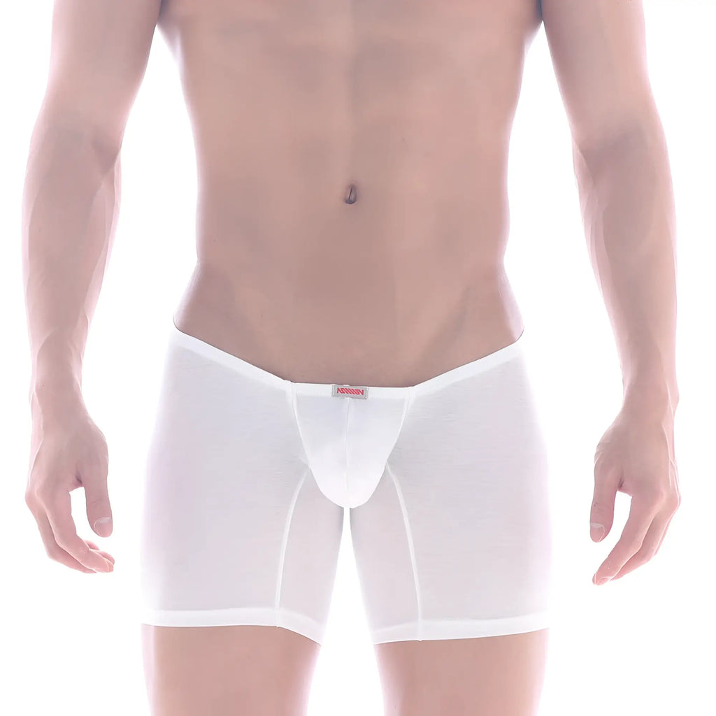 White sheer cotton boxer briefs with red metro malewear brand tag at waistband modelo minimo 2034-01