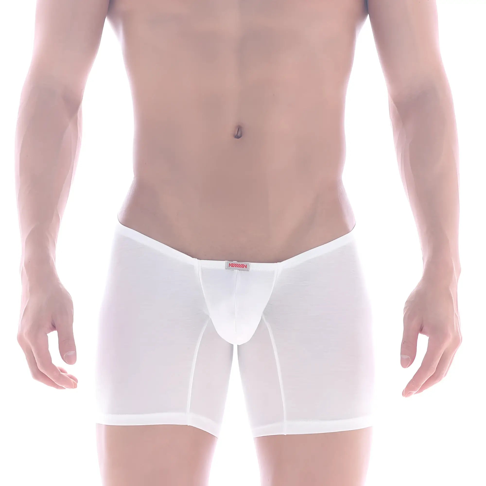 White sheer cotton boxer briefs with red metro malewear brand tag at waistband modelo minimo 2034-01
