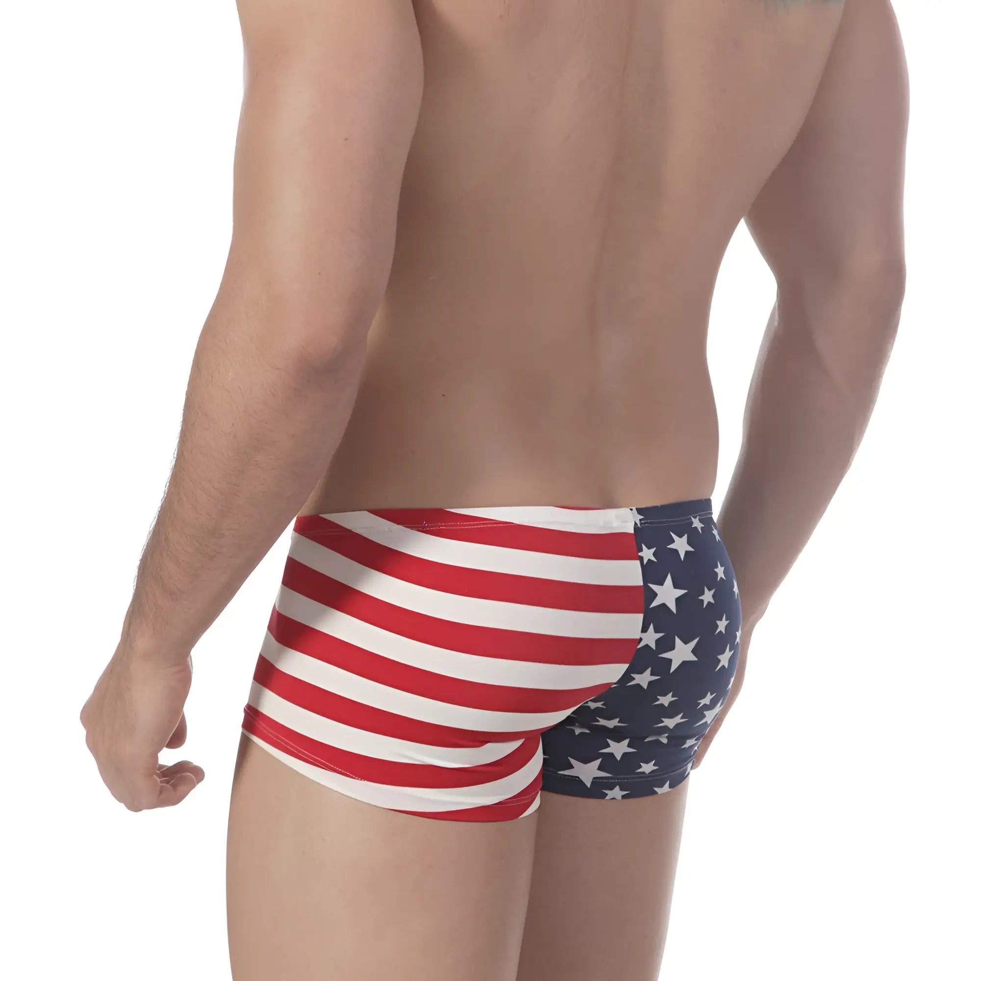 MetroMalewear minimo hero boxer 2013-90 american flag swim trunks with red white and blue stripes and stars design