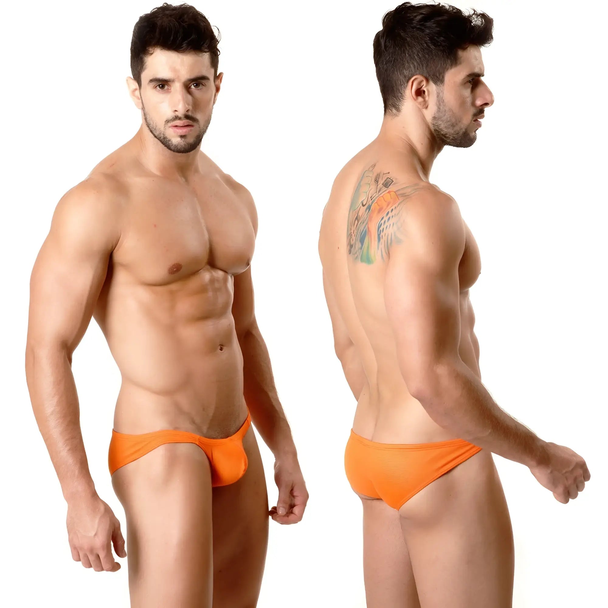 MetroMaleWear Minimo hip brief in bright metallic orange with smooth fabric finish and form-fitting design