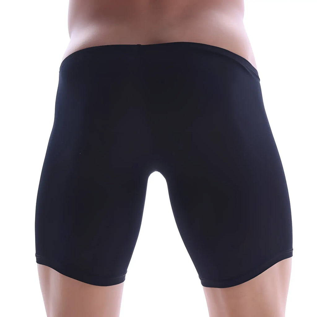 Black MetroMaleWear minimo long boxer swim trunks with smooth stretchy fabric and elastic waistband