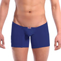 Navy blue men’s briefs with subtle red and white metro male wear brand tag on waistband metro male wear minimo long boxer