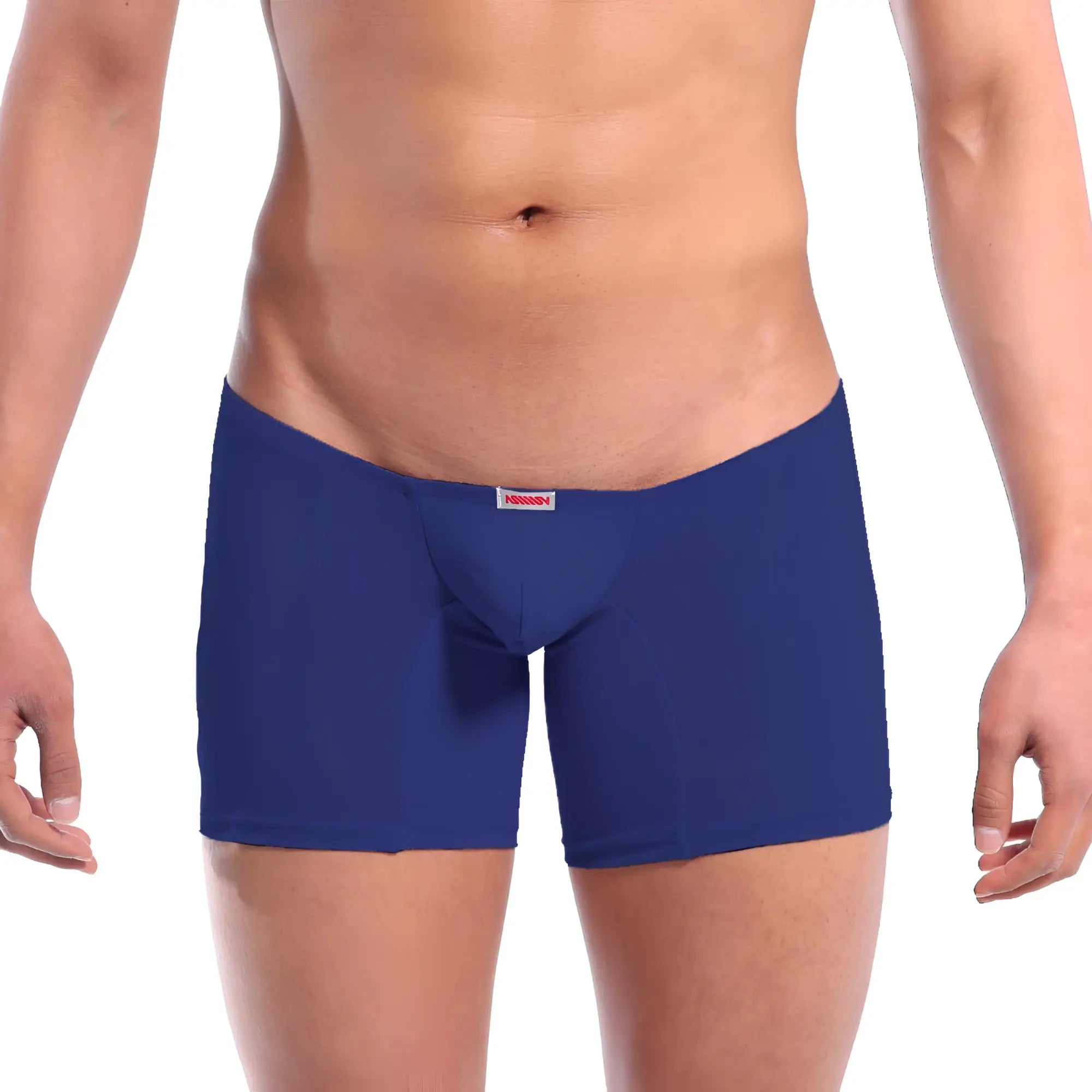 Navy blue men’s briefs with subtle red and white metro male wear brand tag on waistband metro male wear minimo long boxer