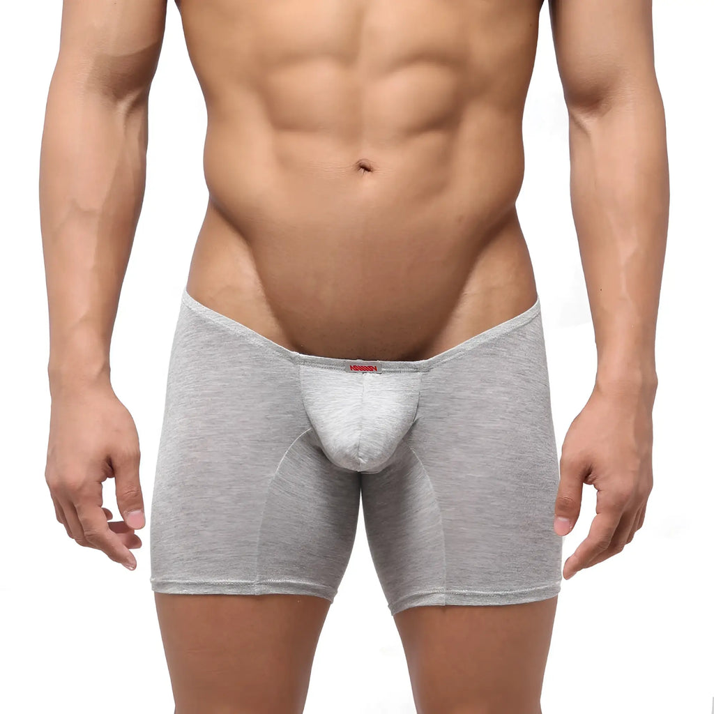 Gray heathered men’s boxer briefs with supportive contoured pouch and elastic waistband by MetroMaleWear Minimo Long Boxer 2034-10