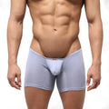 Light gray form-fitting MetroMaleWear Minimo long boxer briefs with textured fabric and red brand tag on waistband