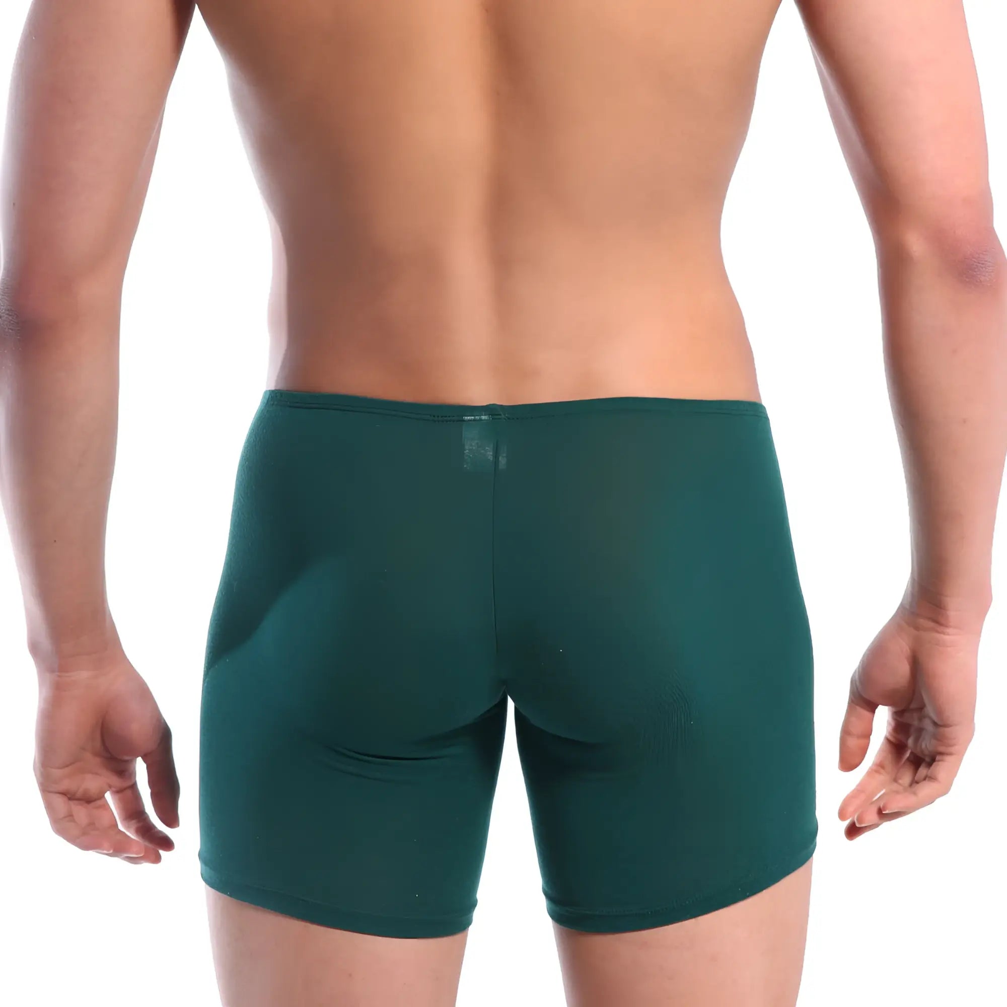 MetroMaleWear Minimo long boxer pine green with dark green smooth stretchy fabric and subtle textured pattern