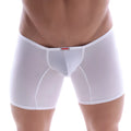 White sheer mens boxer briefs with red and black metroMaleWear brand tag at waistband minimo long boxer white 2034-00