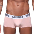 Pink men’s briefs with white elastic waistband featuring gray m logos from MetroMaleWear Minimo Waistband boxer collection