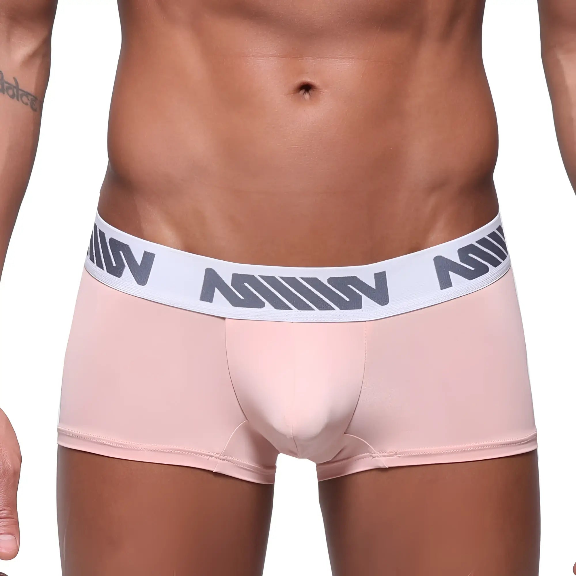 Pink men’s briefs with white elastic waistband featuring gray m logos from MetroMaleWear Minimo Waistband boxer collection