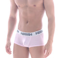 Light pink men’s briefs with a white elastic waistband featuring the million logo by metromalewear minimo boxer