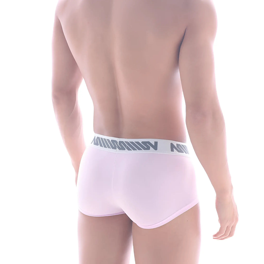 Light pink metro male wear minimo waistband boxer briefs with white elastic waistband and gray lettering