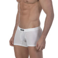 White men’s boxer briefs metro male wear minimo waistband sheer form-fitting design with black brand label on waistband