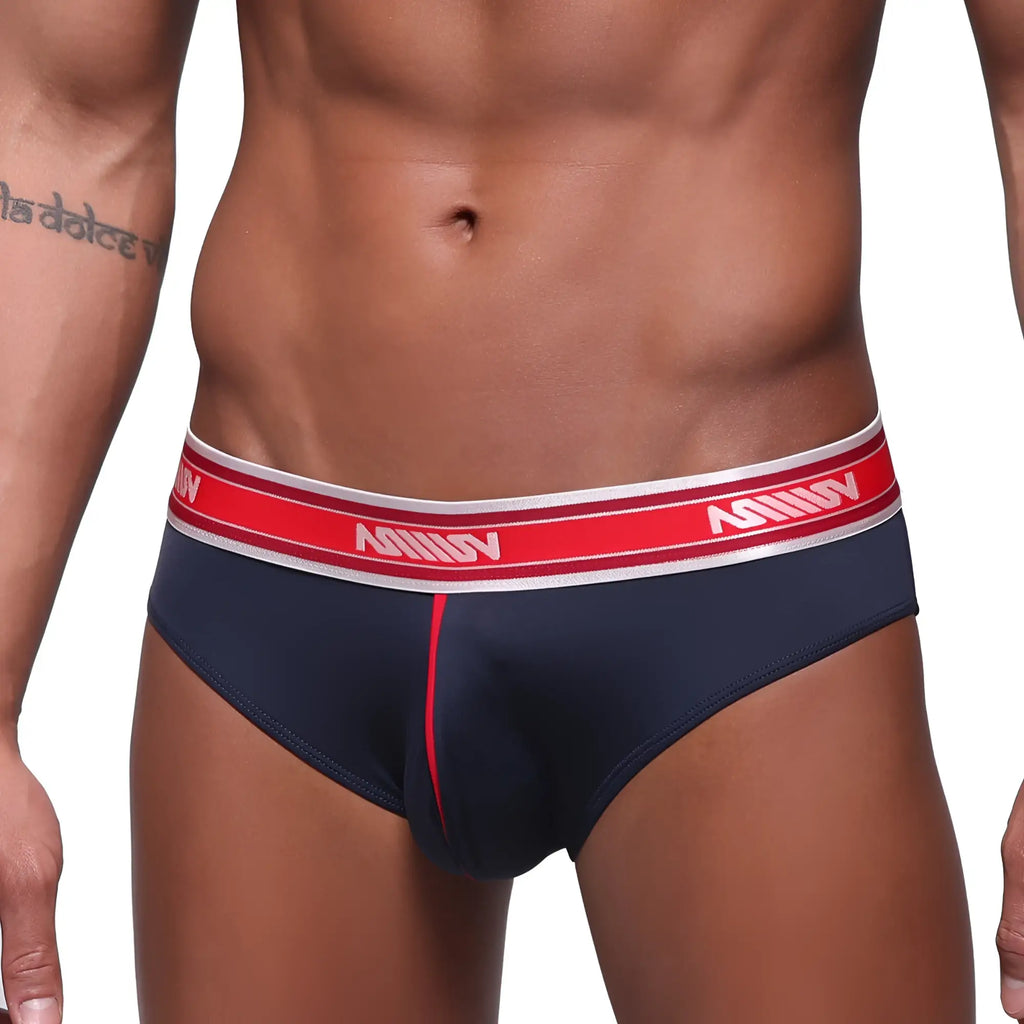 MetroMalewear mirage bikini dark blue briefs with red and white waistband featuring anhuv logo in bold white lettering