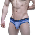 Metro malewear miramar bikini blue 2803-42 striped men’s briefs with black logo waistband in blue and white