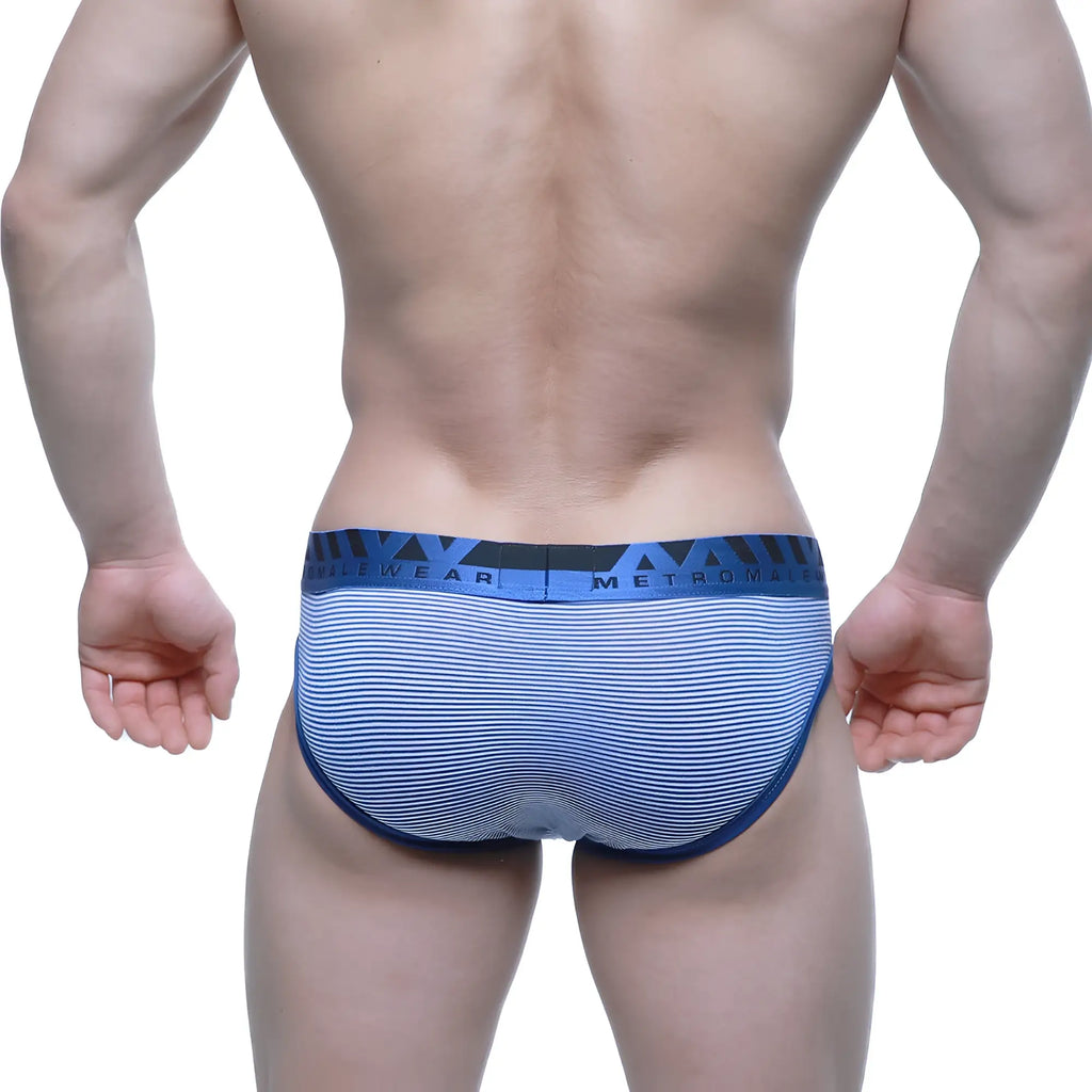 Metro malewear miramar bikini blue men’s briefs with blue and white stripes and navy waistband with metroman brand name