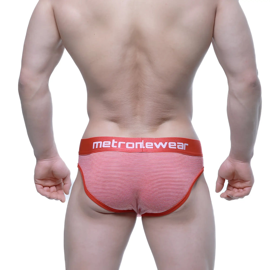 MetroMaleWear Miramar bikini red striped men’s briefs with bold red waistband and white brand lettering