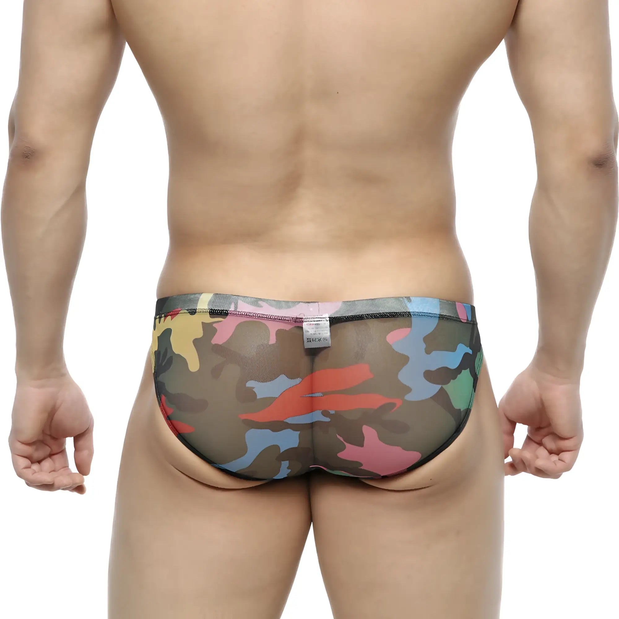 Metromalewear mixtos bikini 5103-24 mesh briefs with sheer multicolored camouflage pattern in bold red blue green yellow and pink
