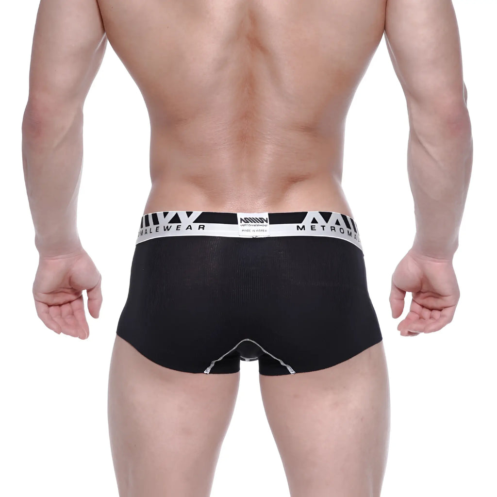 Black mens briefs with white metroman waistband made of textured modal fabric metro malewear modal seamless trunk