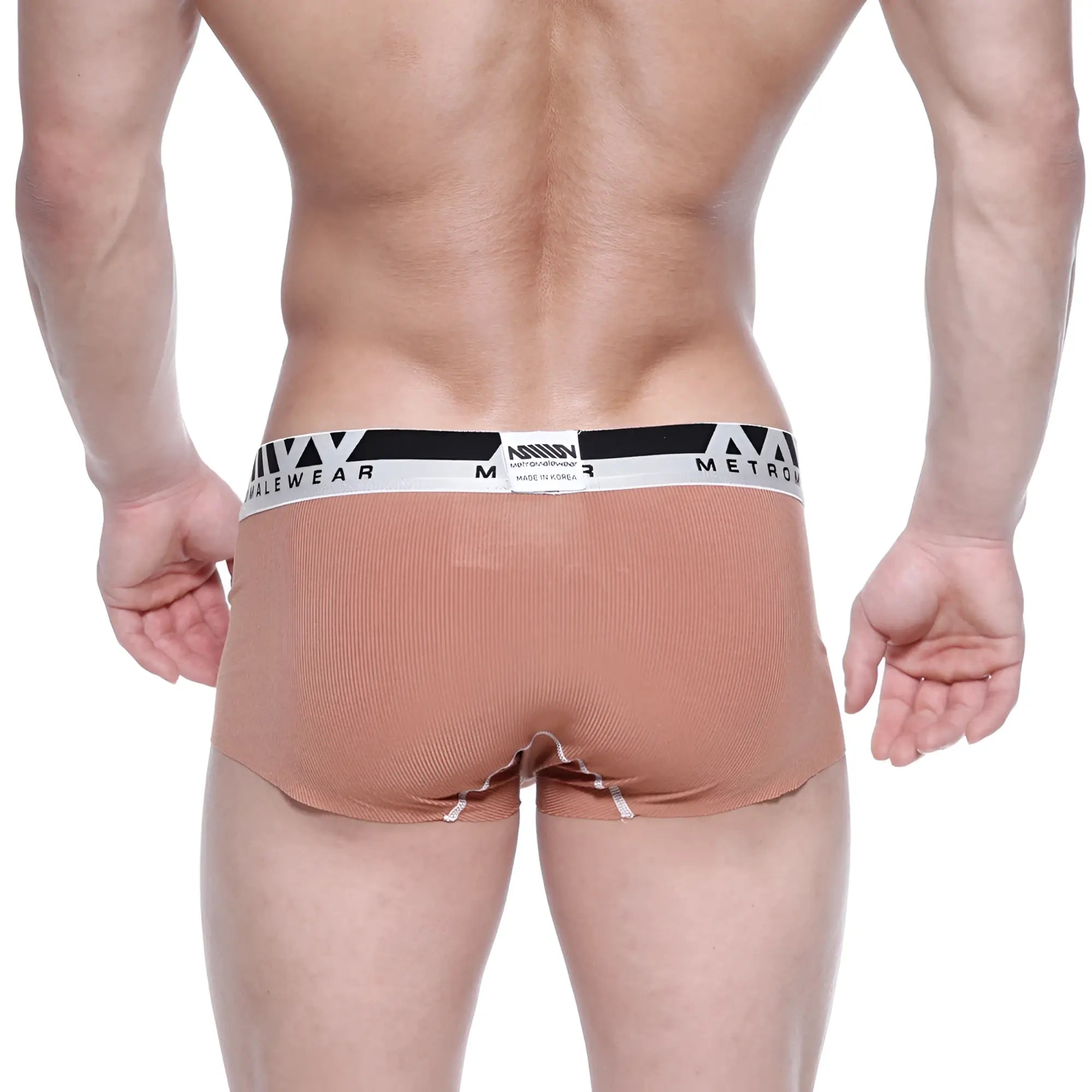 Tan ribbed mens briefs with black and white branded waistband modal seamless trunk by MetroMaleWear