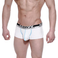White mens modal seamless trunk with black and silver methomalewear waistband and light blue side stitching