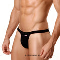 Black form-fitting MetroMaleWear modern bikini thong with narrow waistband and small red logo on the left side