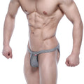 MetroMaleWear modern bikini black stripe jockstrap with black and white stripes and red brand tag in front view