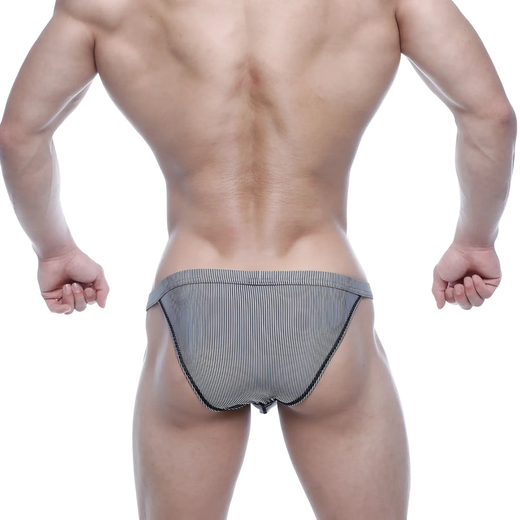 MetroMalewear modern bikini black stripe briefs with snug athletic fit and black and white stripes