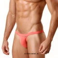 Coral-colored textured fabric thong with narrow waistband from metromalewear modern bikini orange 4004-14 collection
