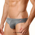 Gray heathered briefs with subtle red and white logo on waistband from MetroMaleWear modern brief charcoal 4003-11