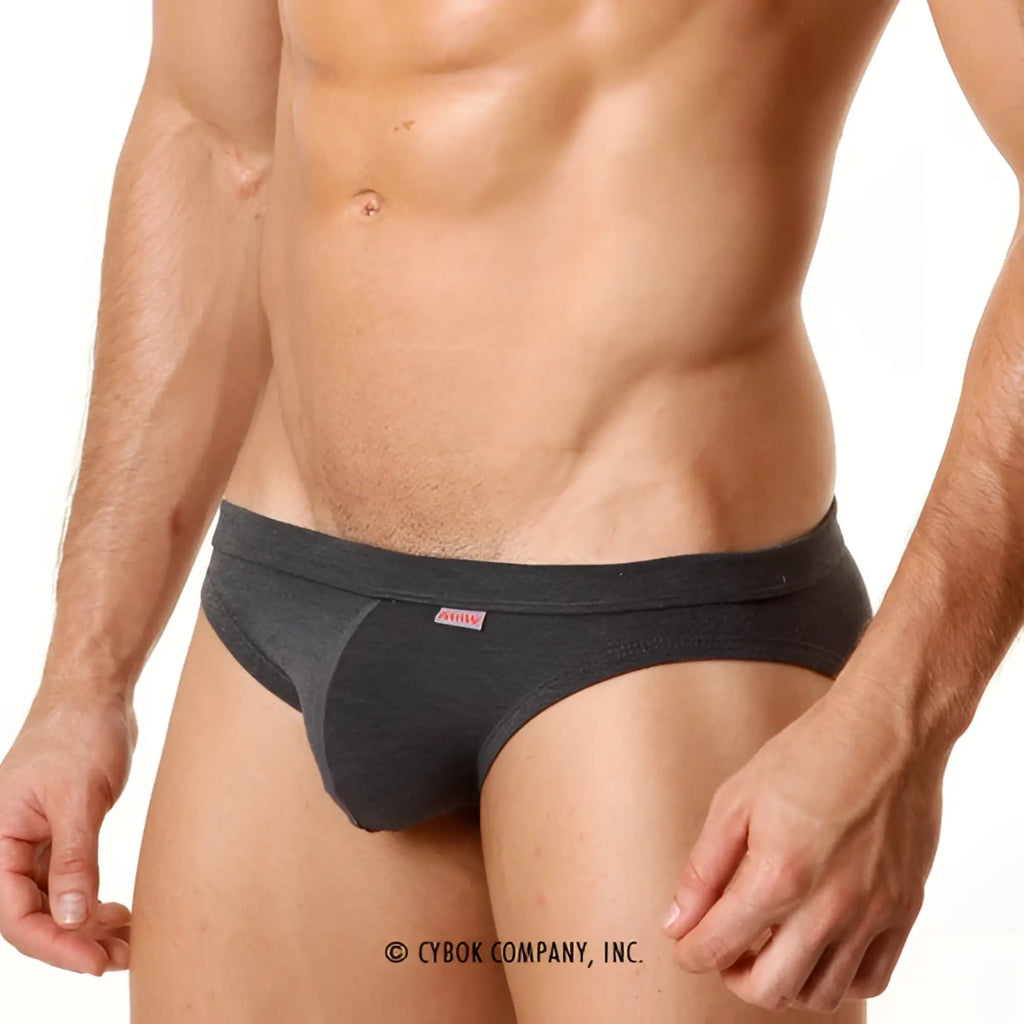 MetroMaleWear modern brief heather 4003-10 dark gray form-fitting briefs with subtle texture and pink waistband logo