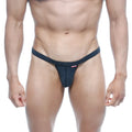 Dark blue denim thong with red brand tag on waistband metroMalewear modern pouch thong heather 4002-10