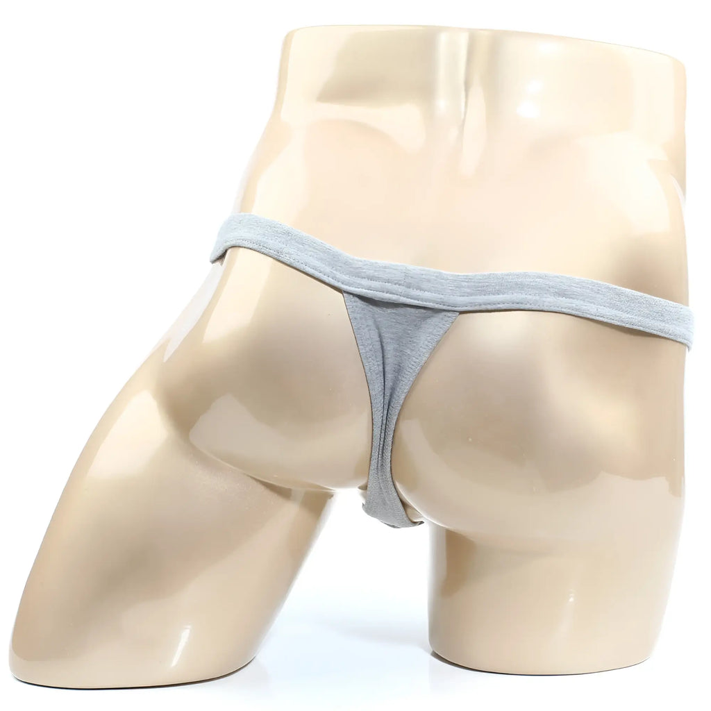 Gray cotton thong with modern pouch design displayed on mannequin by MetroMaleWear model jasper 4002-09