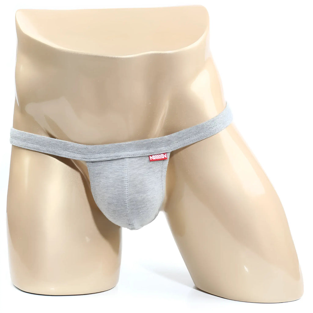 Gray heathered cotton jockstrap with modern pouch and red white metro male wear brand tag on waistband