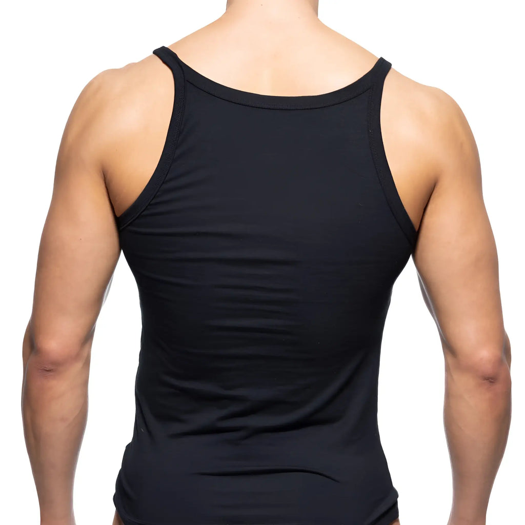 MetroMaleWear modern black sleeveless tank top with rounded neckline and fitted design for casual wear