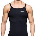 Black sleeveless tank top with thin straps and white logo on upper left chest by metromalewear model 3126-20