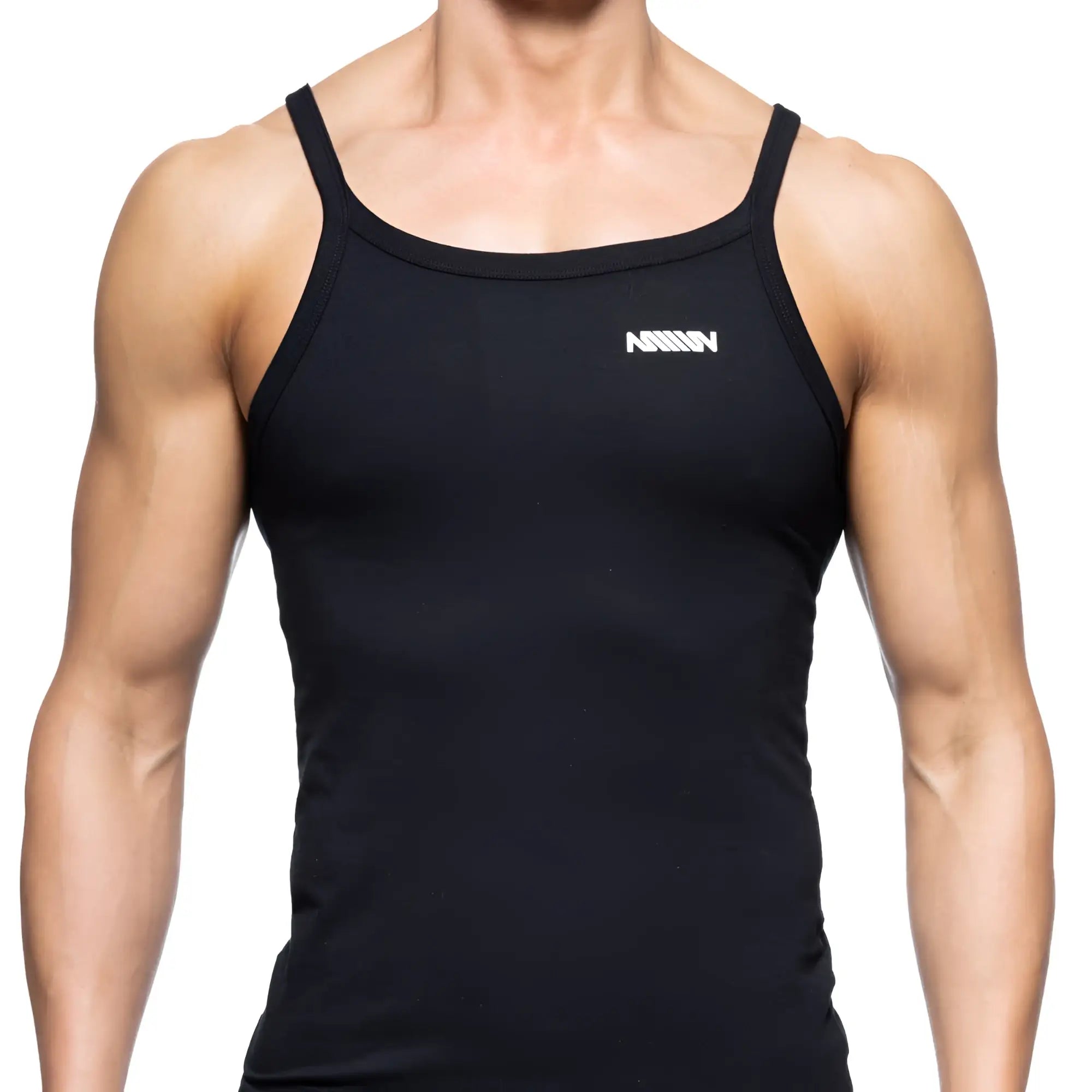 Black sleeveless tank top with thin straps and white logo on upper left chest by metromalewear model 3126-20