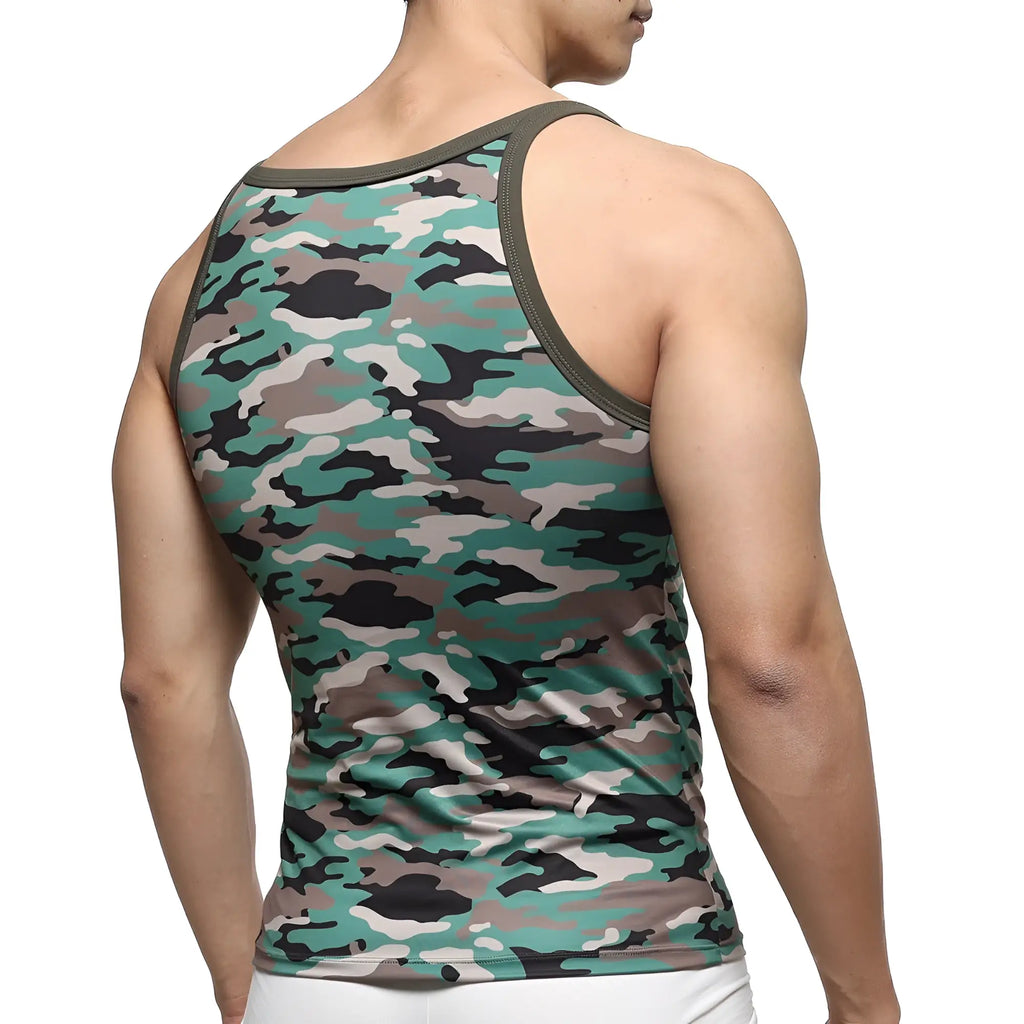 A men’s fitted tank top by metromalewear with green brown and black camo pattern and olive green trim
