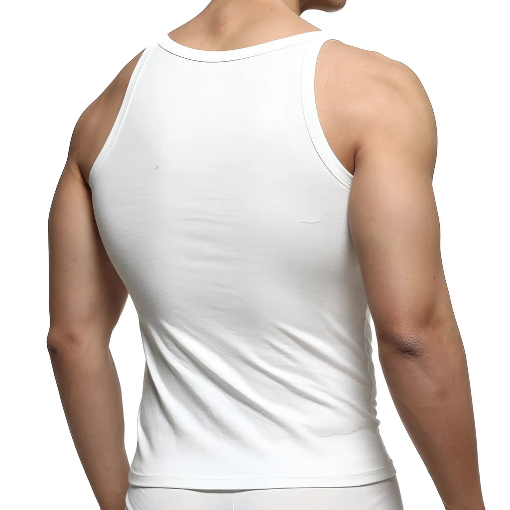 MetroMaleWear modern white cotton tank top with seamless construction and simple round neckline front view