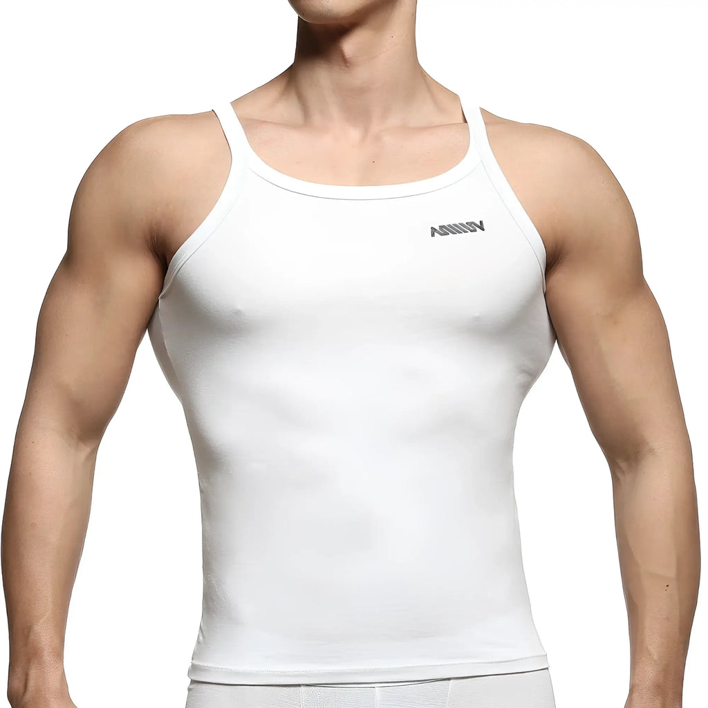 MetroMaleWear modern tank top white form-fitting with subtle gray logo on upper left chest for casual wear