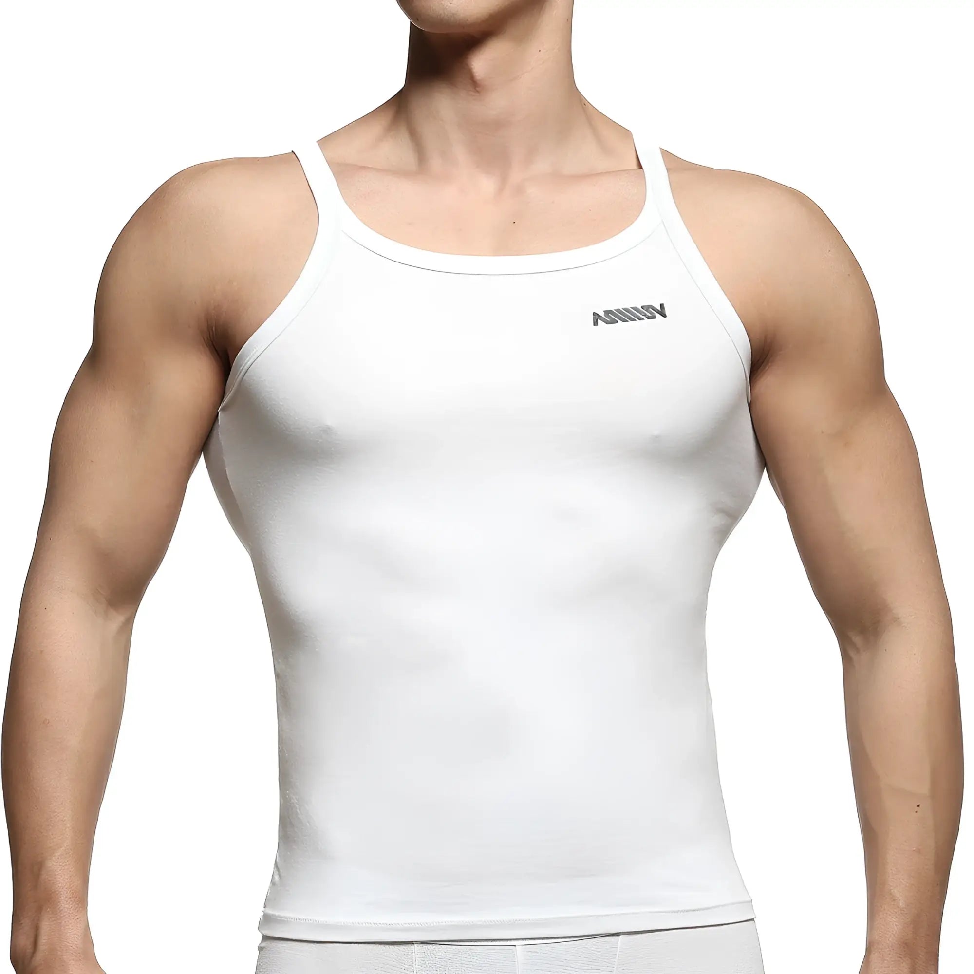 MetroMaleWear modern tank top white form-fitting with subtle gray logo on upper left chest for casual wear