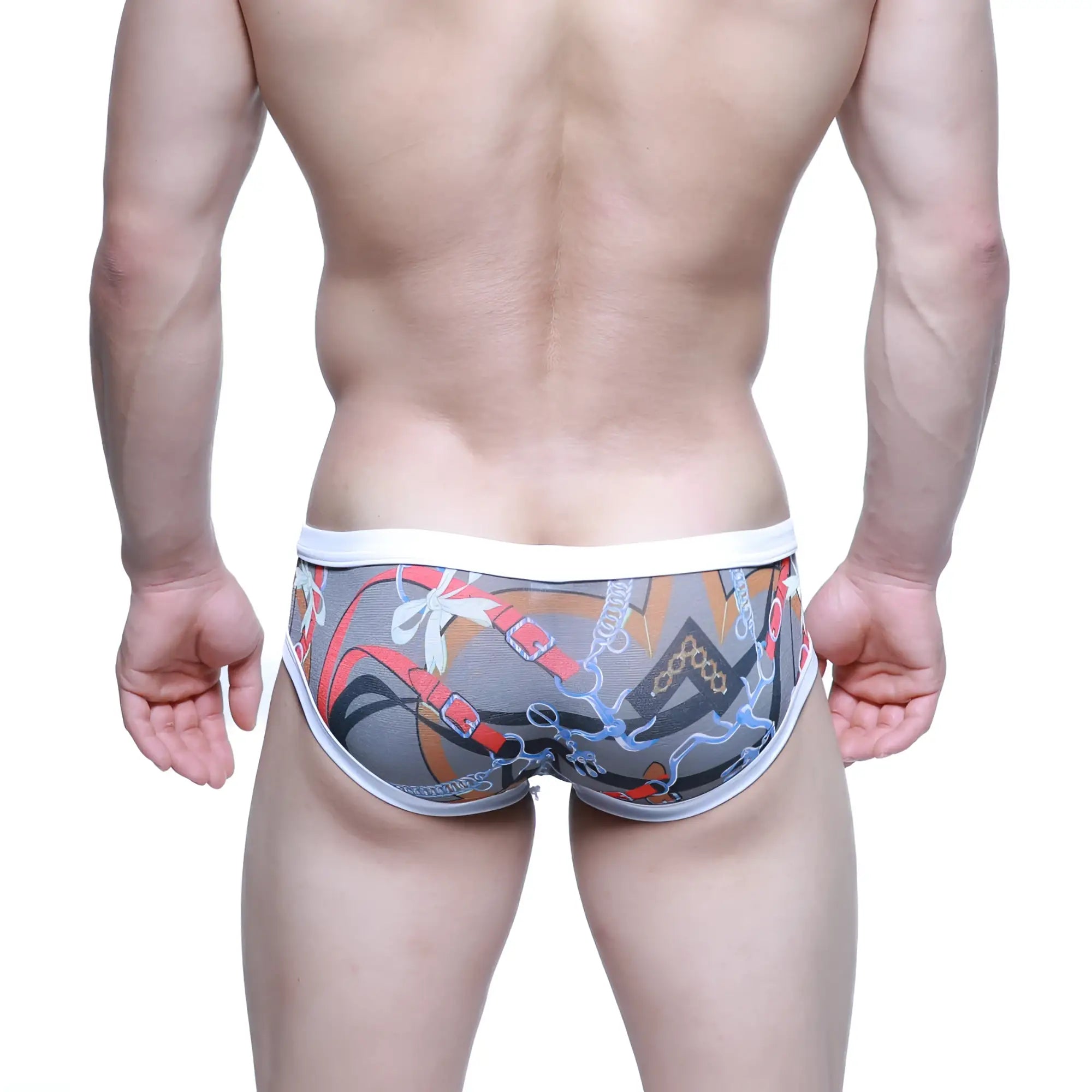 Gray swim trunks from metromalewear with bold red black and white chain and buckle pattern modern trunk 4013-60