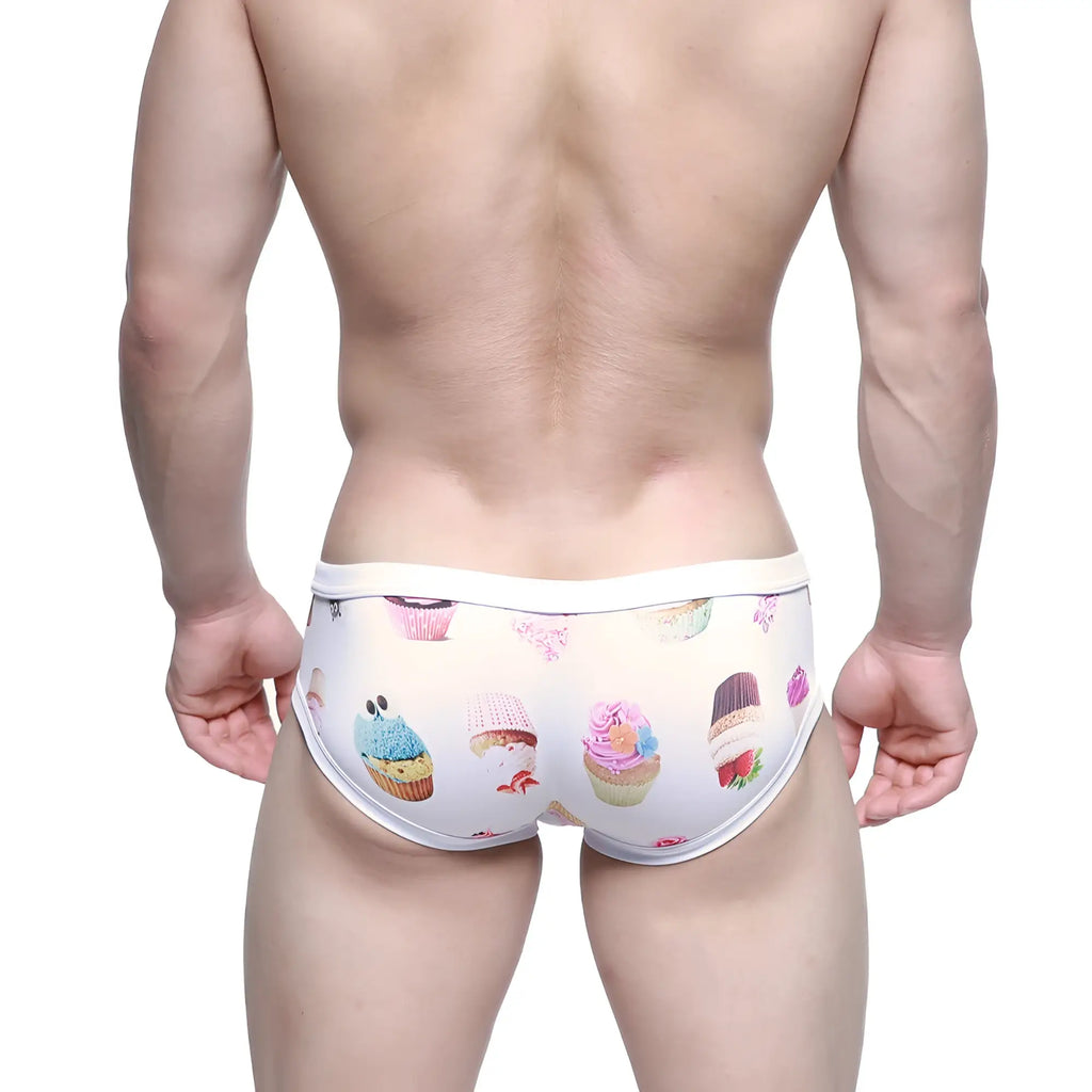 White briefs from metromalewear modern trunk sweet 4013-61 with colorful cupcake pattern in playful hues