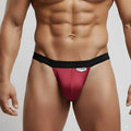 Metro malewear modernizing thong burgundy satin briefs with black elastic waistband and small white logo patch