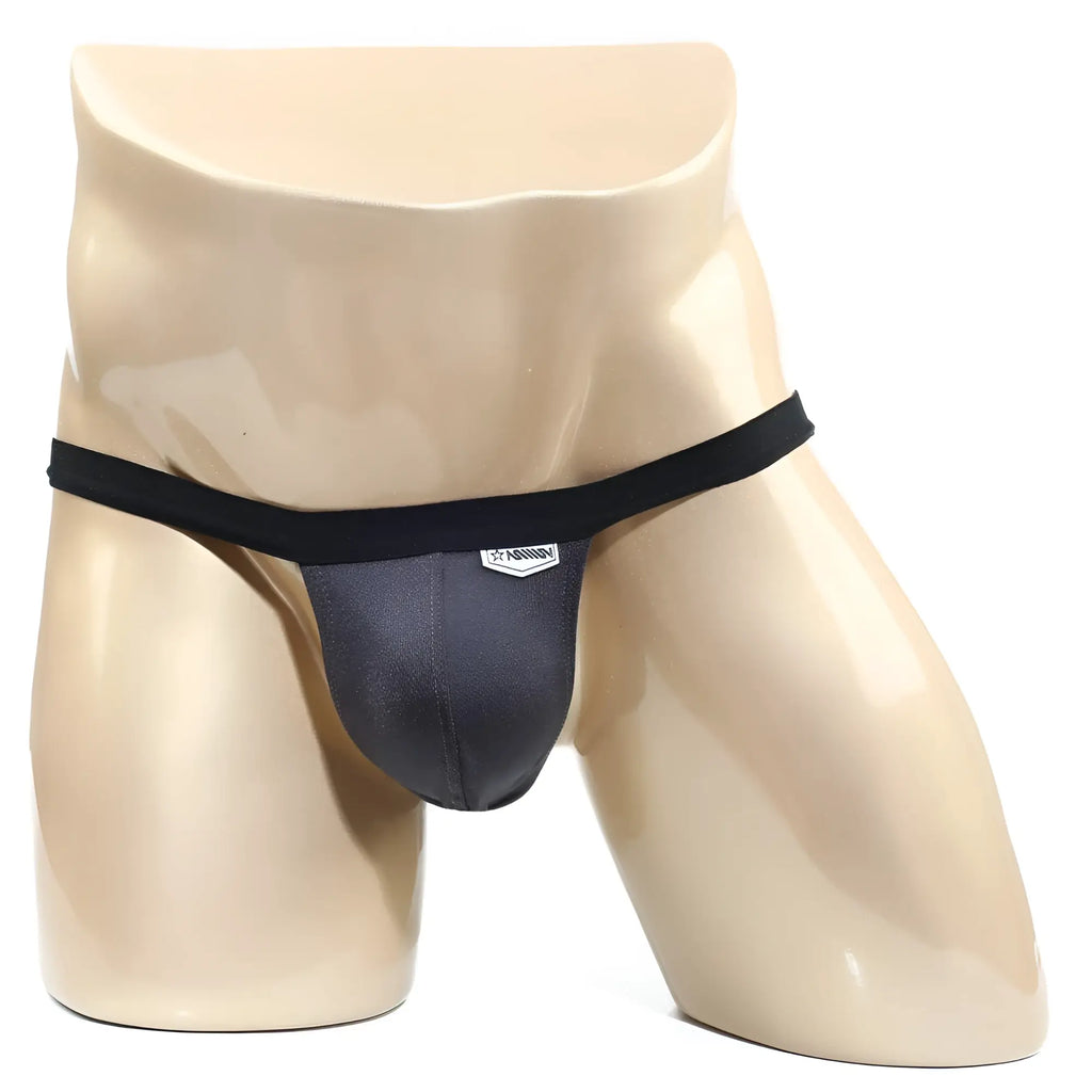MetroMalewear modernizing thong in charcoal with smooth stretchy fabric and subtle waistband logo shown from the back