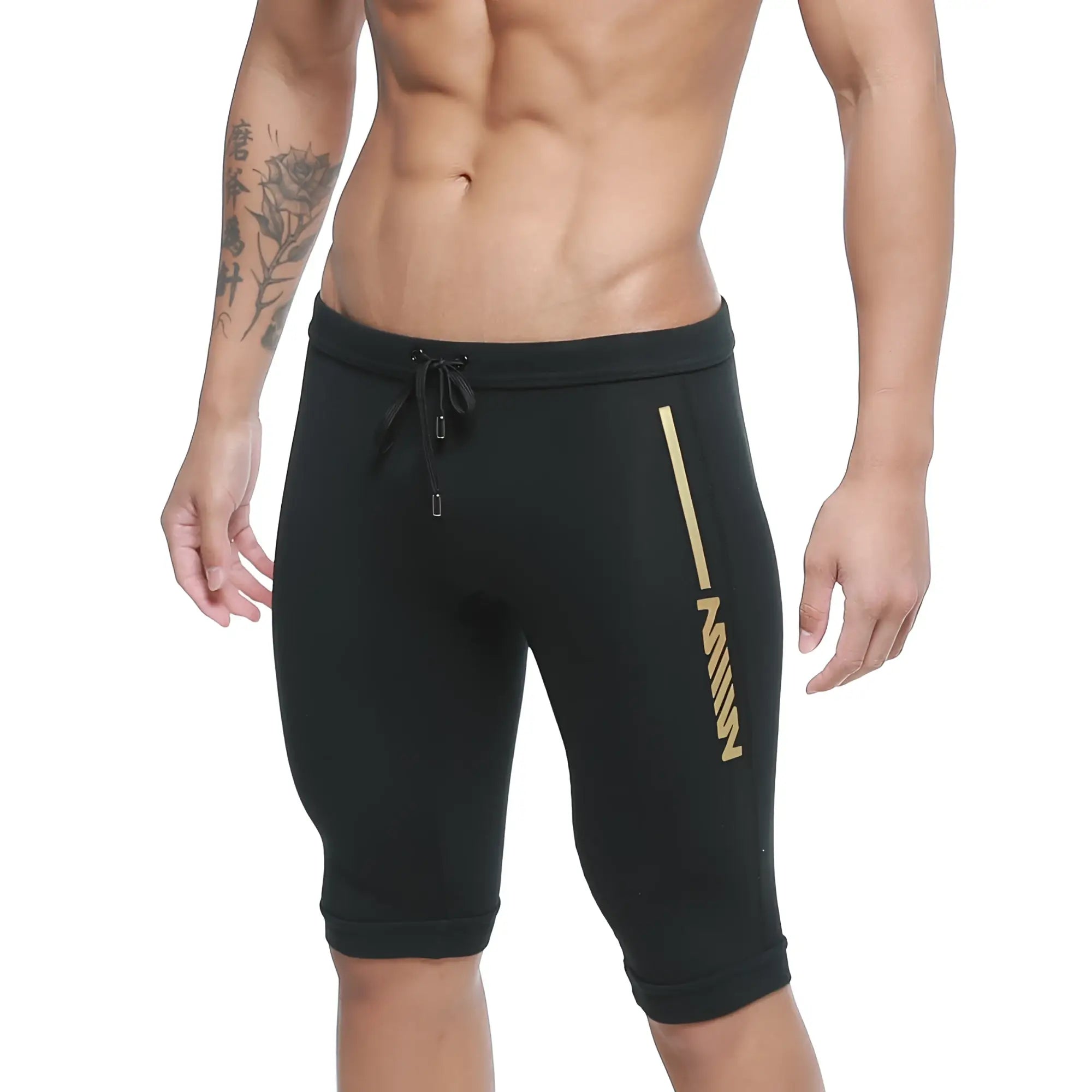 Black athletic shorts by metromalewear mojave biker featuring gold stripe logo and elastic waistband with drawstring